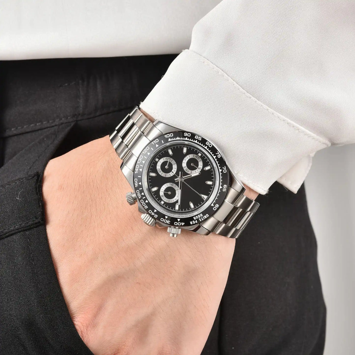 Black panda VK63 Daytona style Seiko mod chronograph watch worn on wrist, casual daily wear shot