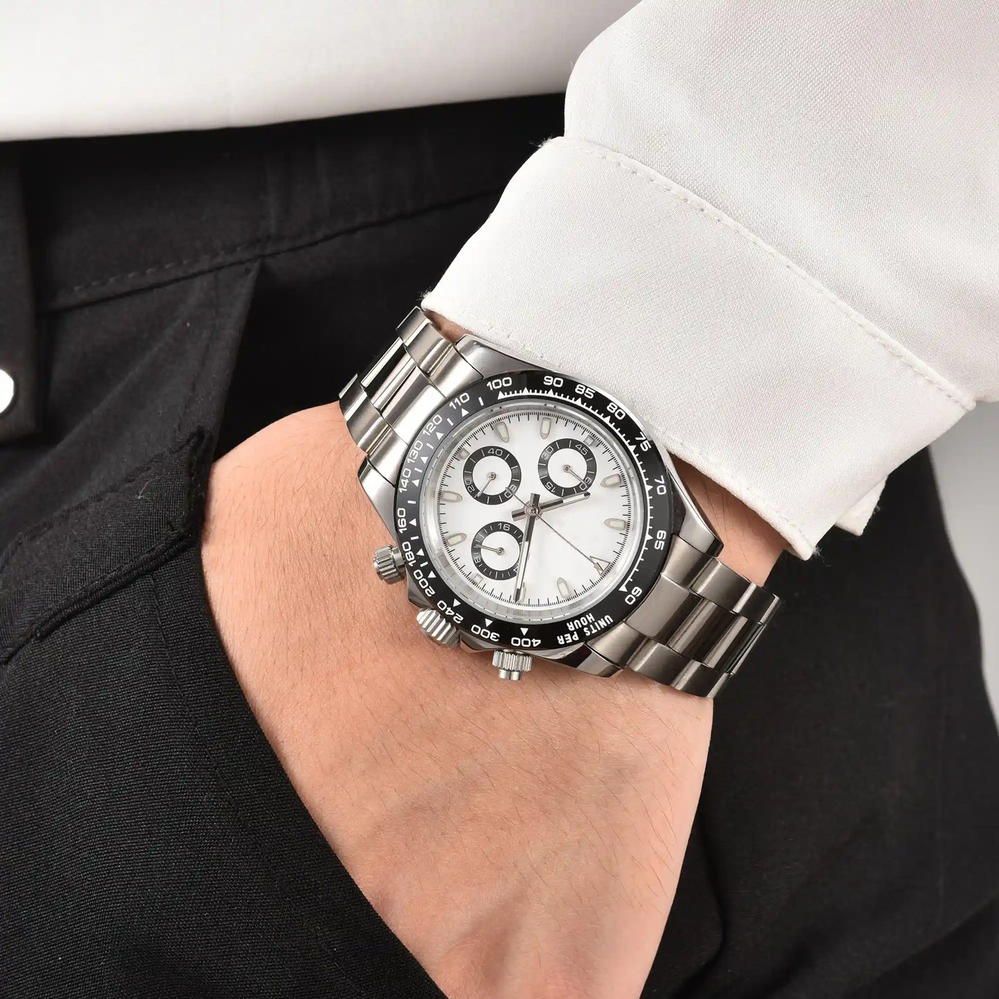 White black panda VK63 Daytona style Seiko mod chronograph watch worn on wrist, casual daily wear shot