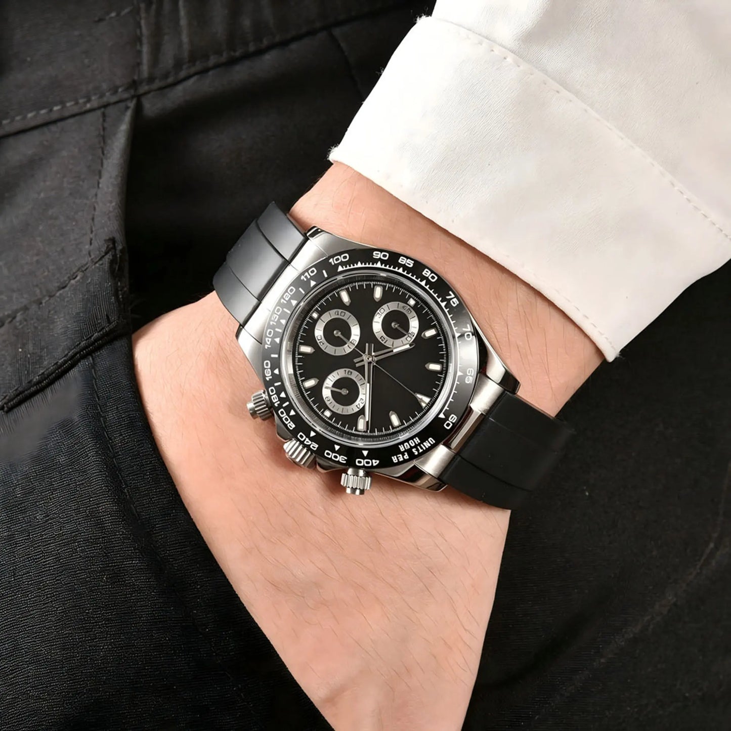 Black panda VK63 Daytona style Seiko mod chronograph watch worn on wrist, casual daily wear shot