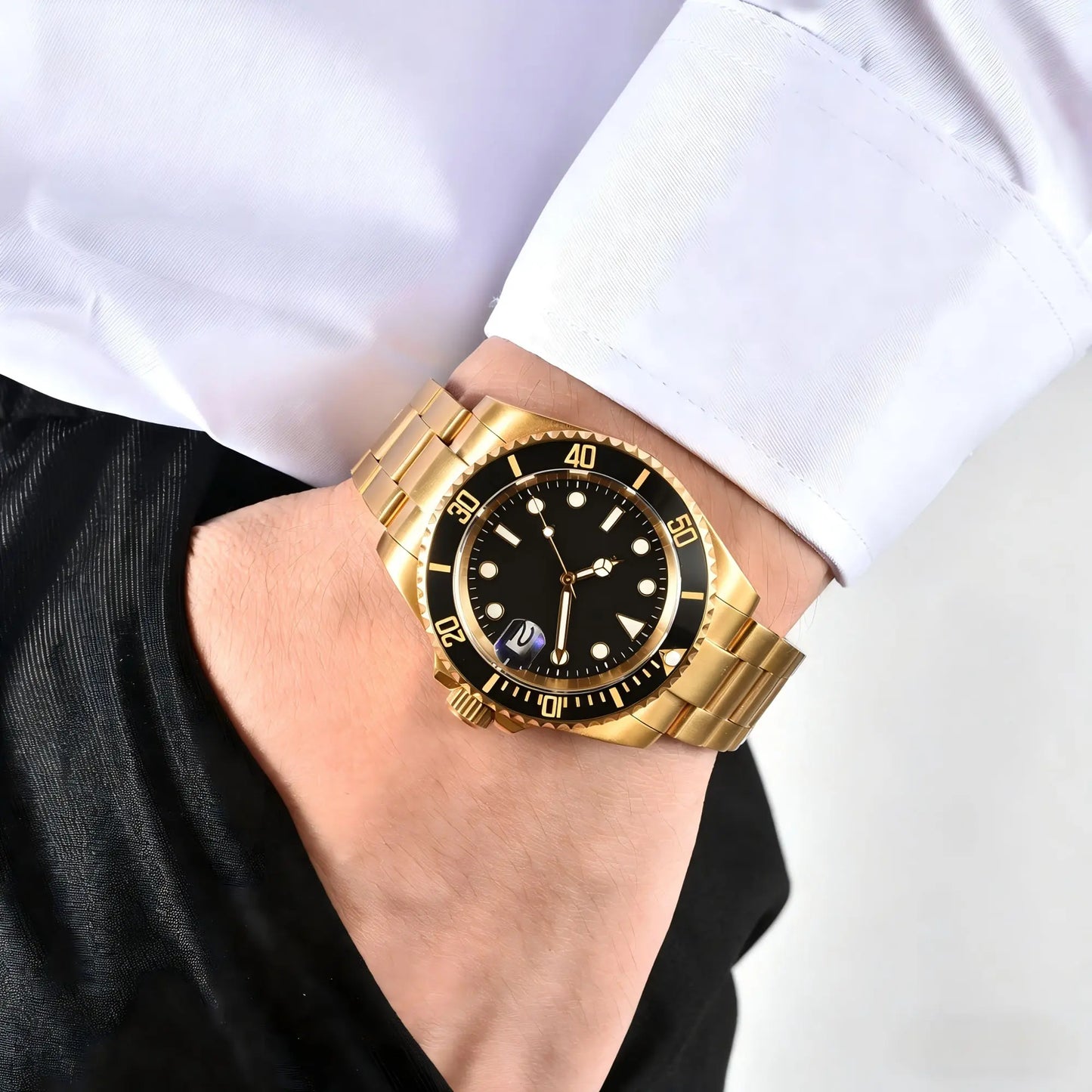 Gold black custom Seiko mod watch worn on wrist, casual daily wear lifestyle shot