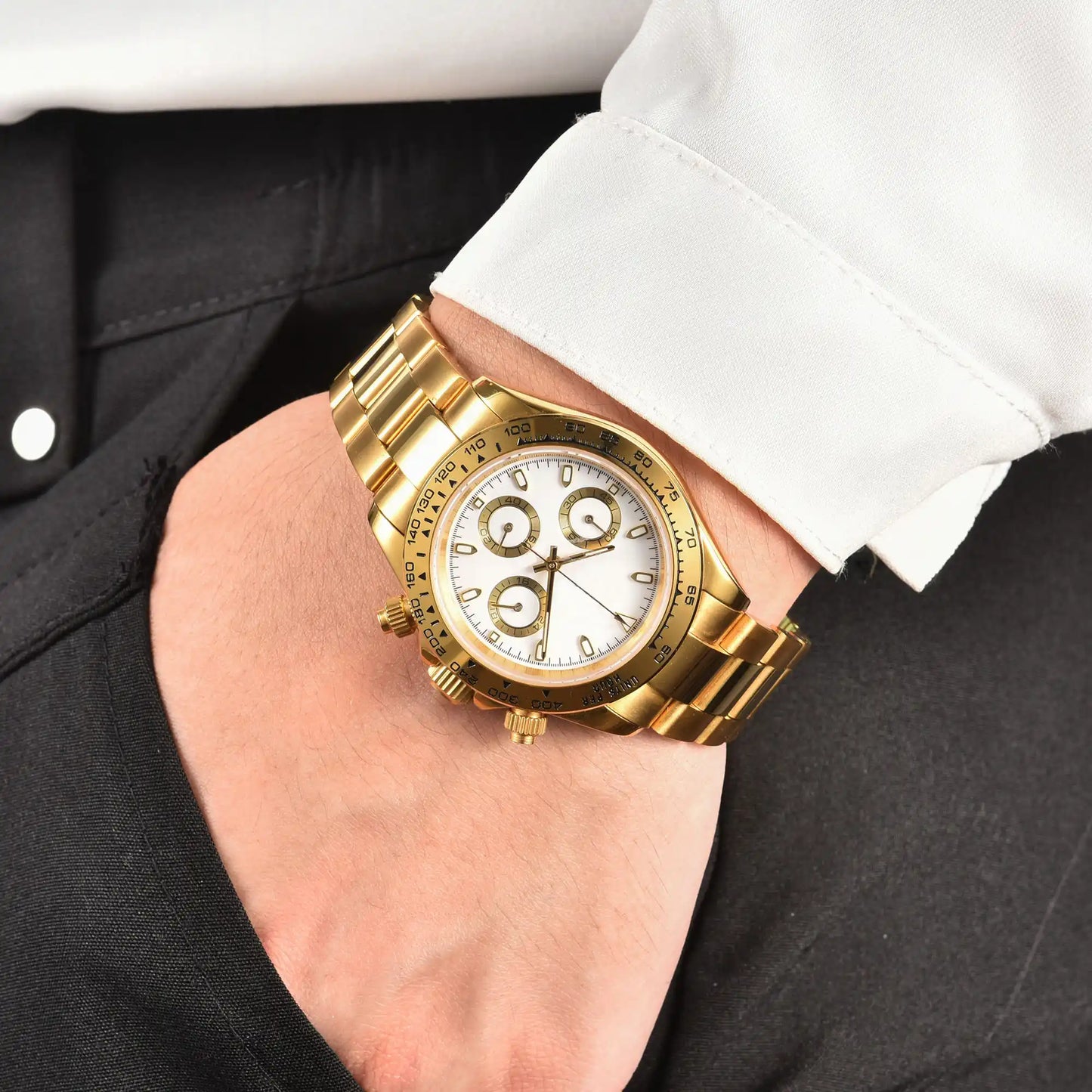 Gold white VK63 Daytona style Seiko mod chronograph watch worn on wrist, casual daily wear shot