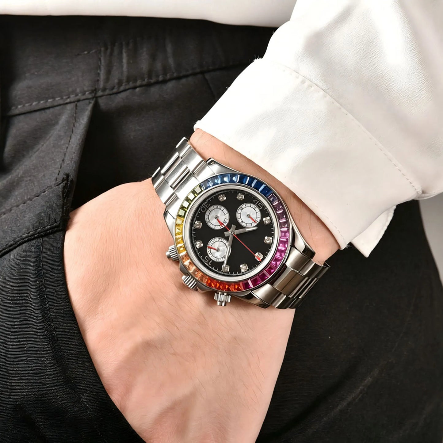 Rainbow gem bezel Daytona style Seiko mod chronograph watch worn on wrist, casual daily wear shot