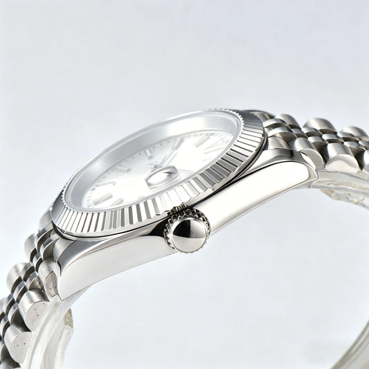 Side view of Seiko modified datejust watch showing signed screw-down crown and sapphire crystal
