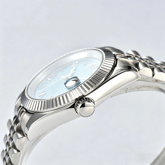 Side view of Seiko modified datejust watch showing signed screw-down crown and sapphire crystal