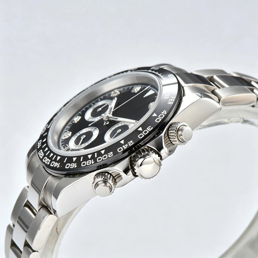 Side angle view of classic black VK63 Daytona style Seiko mod watch, colorful gemstone tachymeter bezel detail