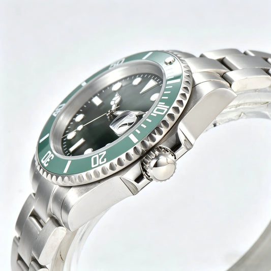 Side view of green bezel Seiko mod watch, Submariner style with polished stainless steel case