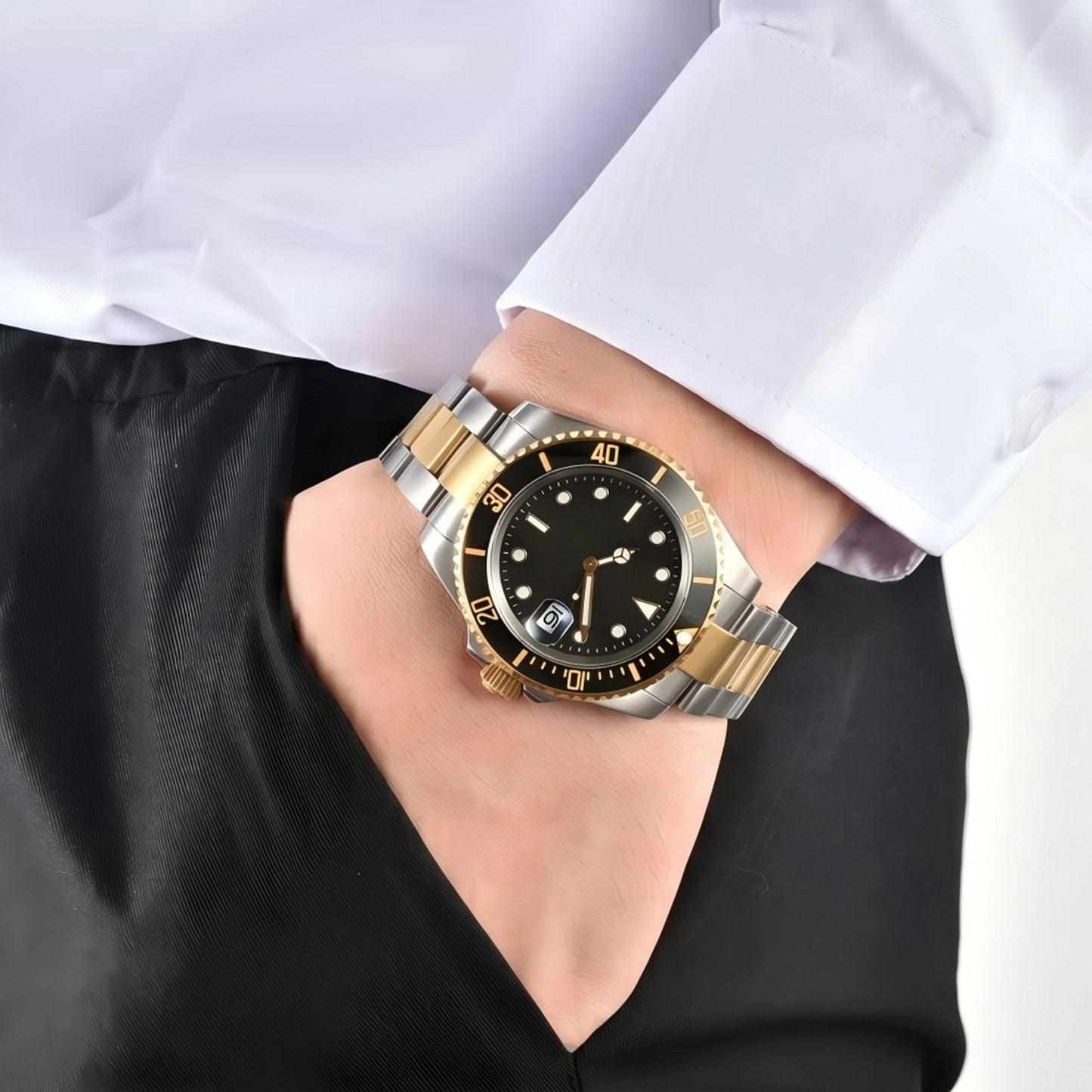 Two-tone gold black custom Seiko mod watch worn on wrist, casual daily wear lifestyle shot