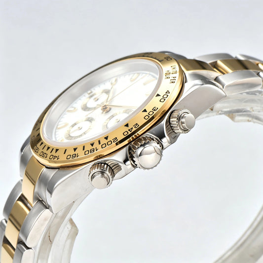 Side angle view of Two-Tone white Daytona style Seiko mod watch, gold tachymeter bezel detail