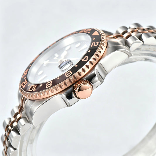 Side view of Seiko modified GMT watch showing signed screw-down crown and sapphire crystal