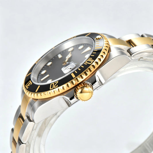 Side view of gold black bezel Seiko mod watch, Submariner style with polished stainless steel case