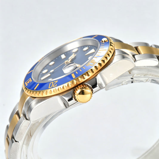 Side view of two-tone gold blue Seiko mod watch, Submariner style with polished stainless steel case