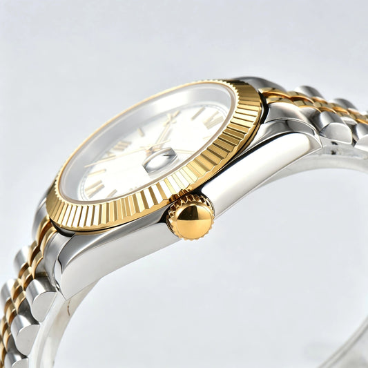 Side view of Seiko modified datejust watch showing signed screw-down crown and sapphire crystal Two-Tone case