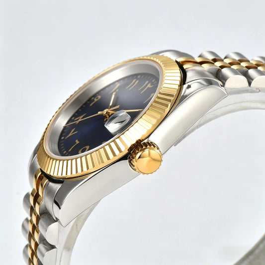 Side view of Seiko modified datejust watch showing signed screw-down crown and sapphire crystal Two-Tone case
