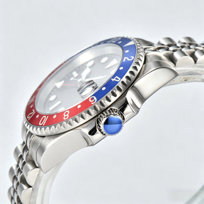 Side view of Seiko modified gmt pepsi watch showing signed screw-down crown and sapphire crystal