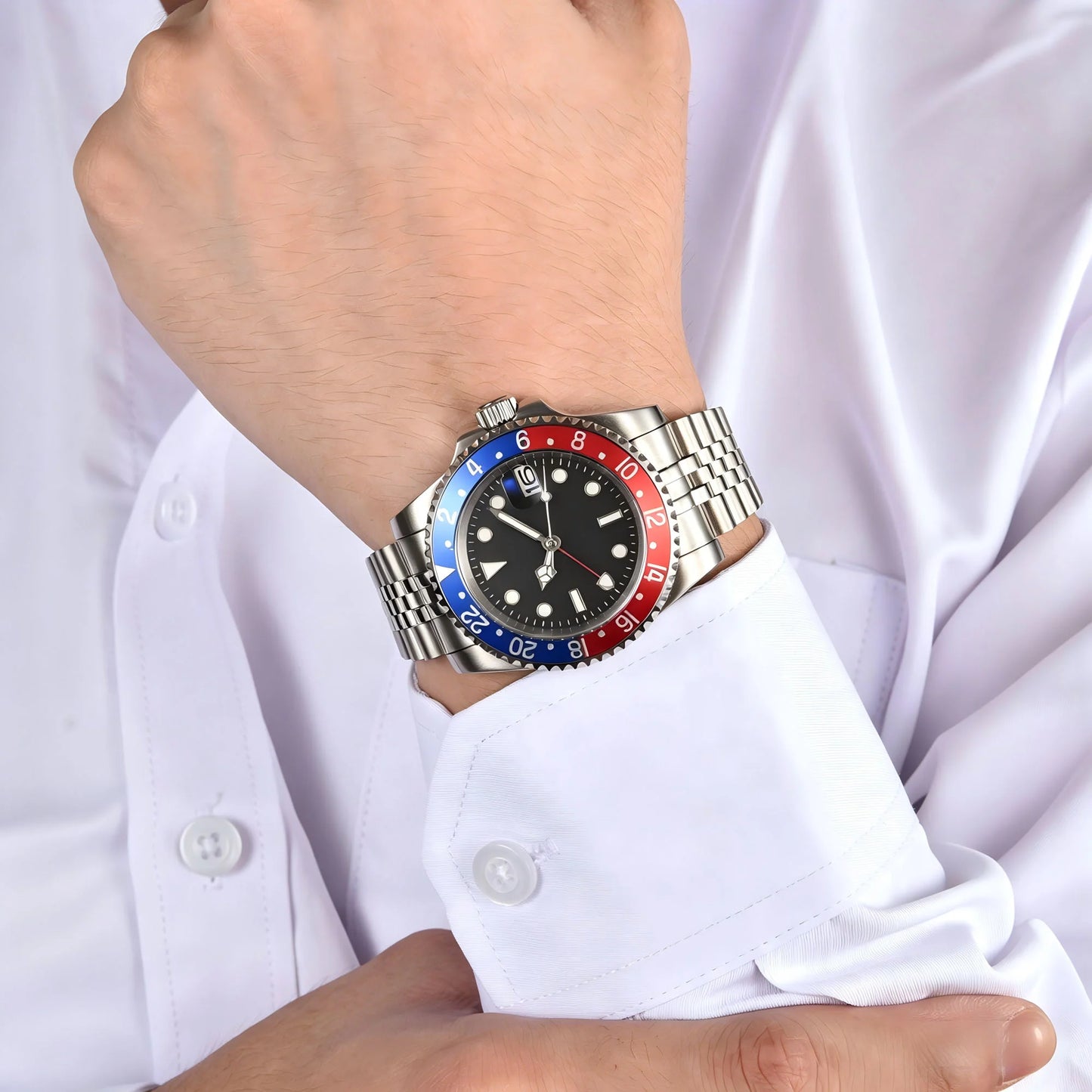 Wrist shot of custom Seiko nh34 mod pepsi GMT watch with sapphire crystal and red blue bezel