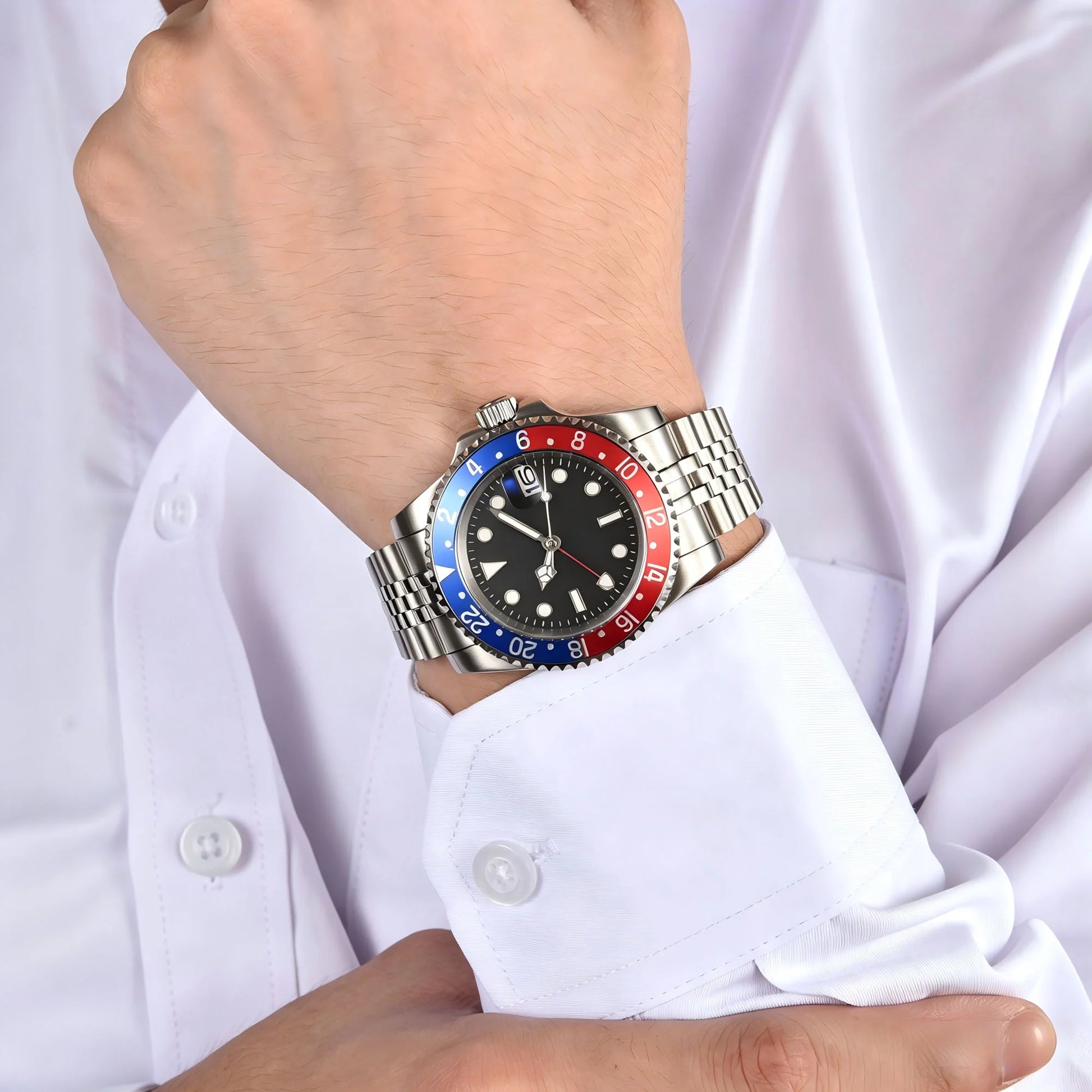Wrist shot of custom Seiko nh34 mod pepsi GMT watch with sapphire crystal and red blue bezel
