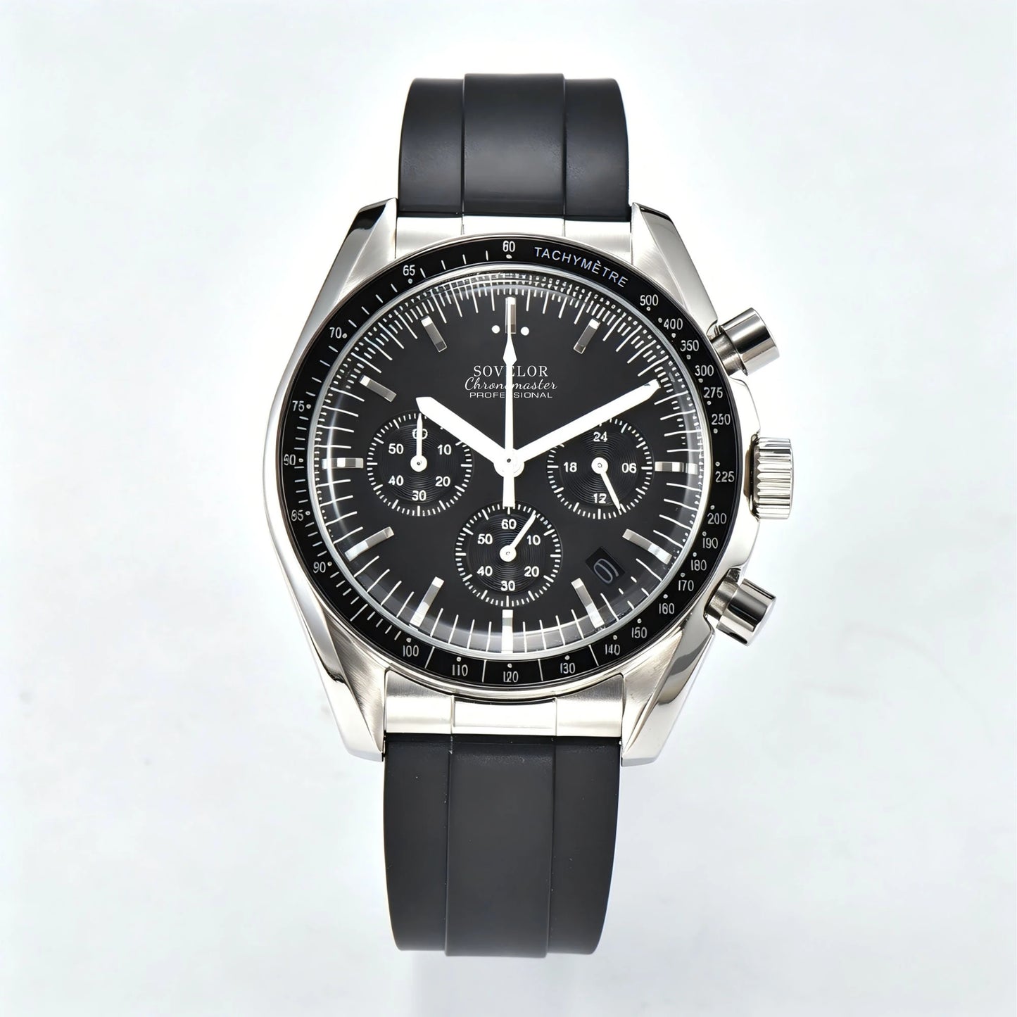 Custom silver Seiko mod speedmaster chronograph watch, black dial with white hands, VK63 quartz movement