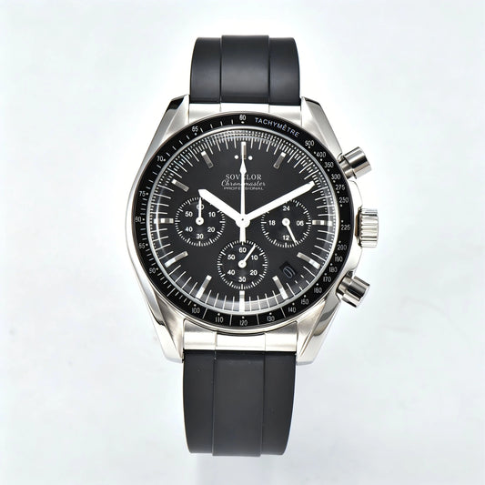 Custom silver Seiko mod speedmaster chronograph watch, black dial with white hands, VK63 quartz movement