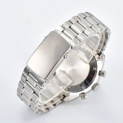 Solid brushed case back of silver chronograph Seiko mod watch, stainless steel bracelet