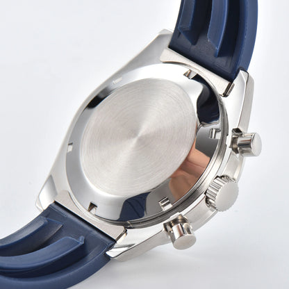 Side view of silver Seiko mod VK63 chronograph watch, polished stainless steel case back