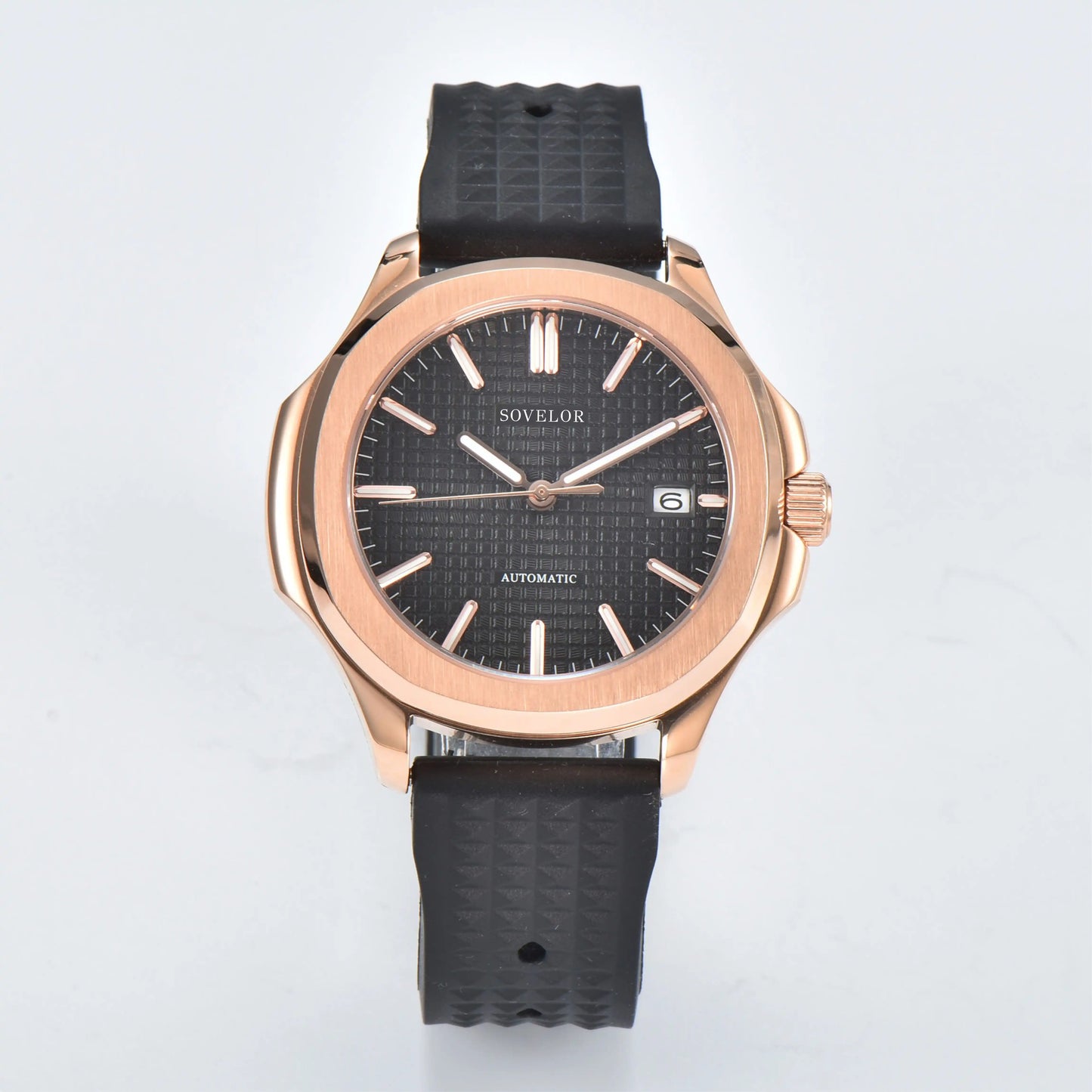 Custom Aquanaut style Seiko mod watch, black grid dial with black rubber strap, NH35 automatic movement