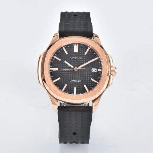 Custom Aquanaut style Seiko mod watch, black grid dial with black rubber strap, NH35 automatic movement