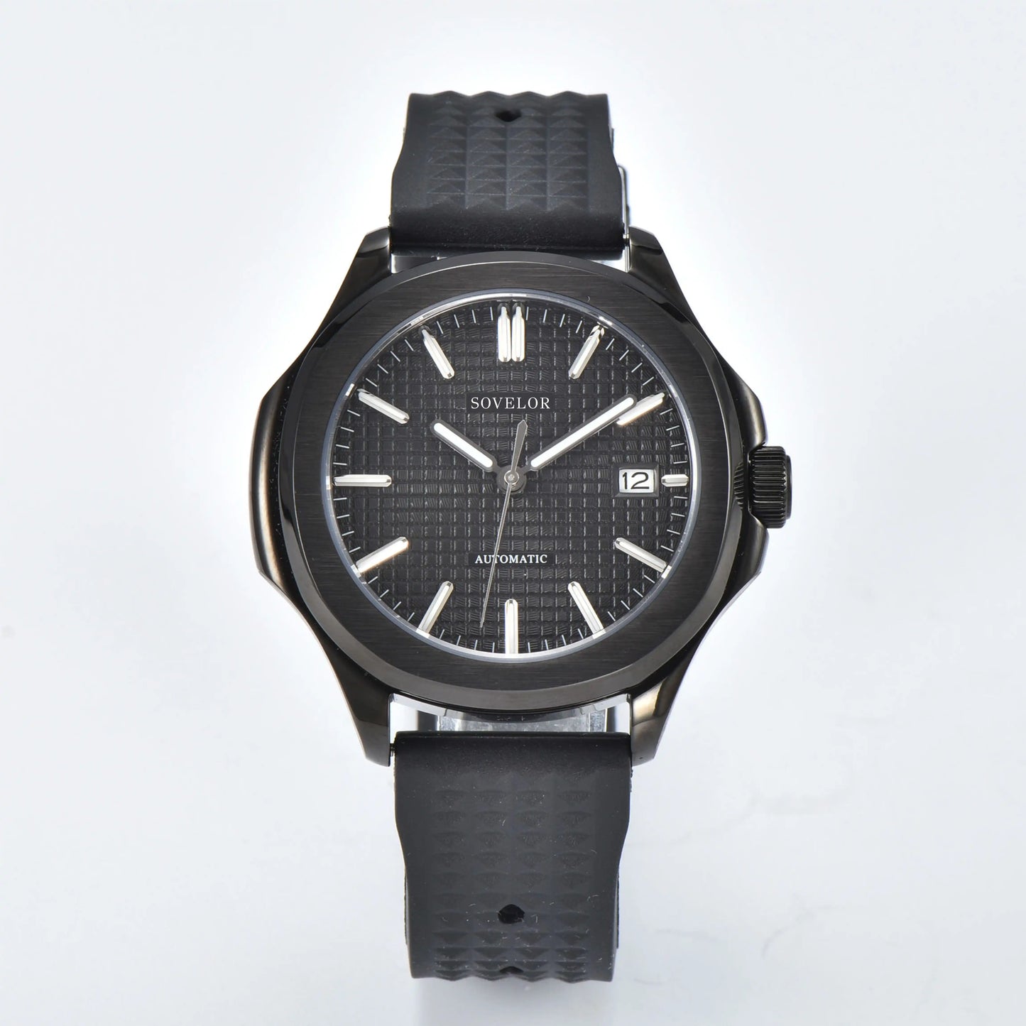 Custom Aquanaut style Seiko mod watch, black grid dial with black rubber strap, NH35 automatic movement