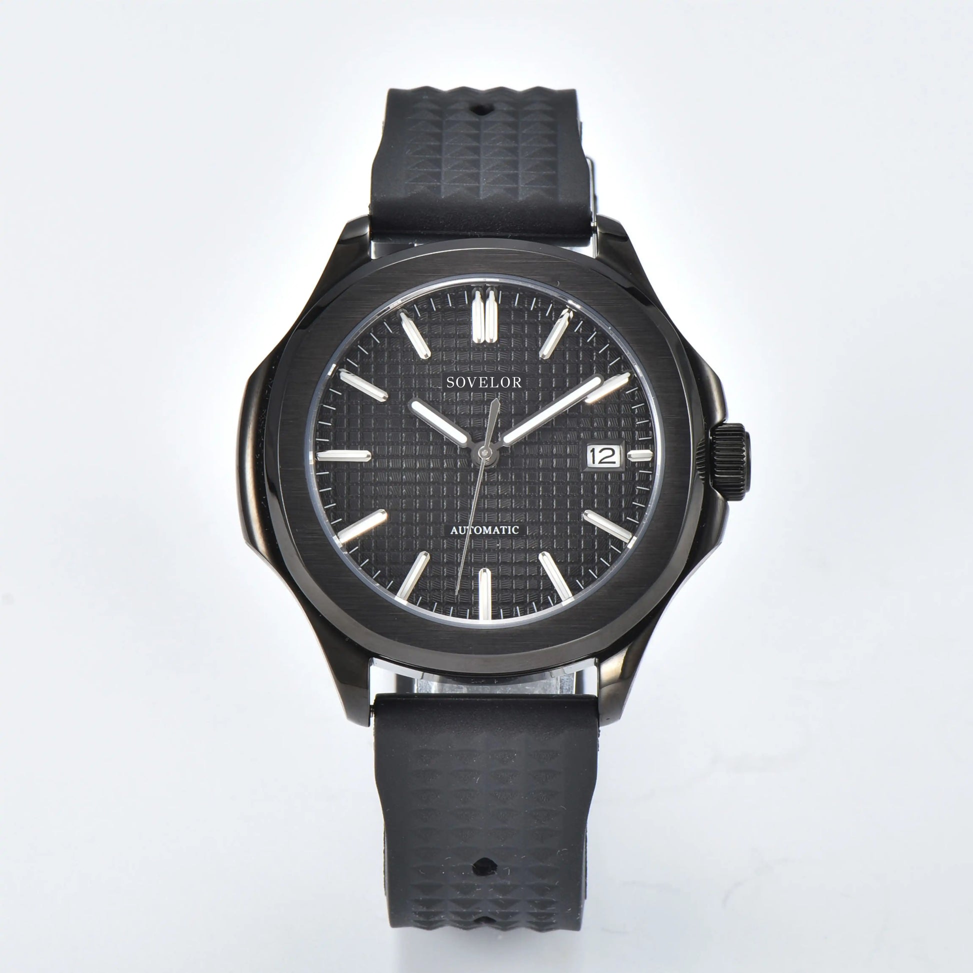 Custom Aquanaut style Seiko mod watch, black grid dial with black rubber strap, NH35 automatic movement