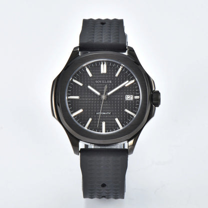 Custom Aquanaut style Seiko mod watch, black grid dial with black rubber strap, NH35 automatic movement
