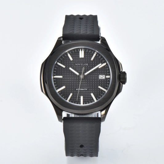 Custom Aquanaut style Seiko mod watch, black grid dial with black rubber strap, NH35 automatic movement