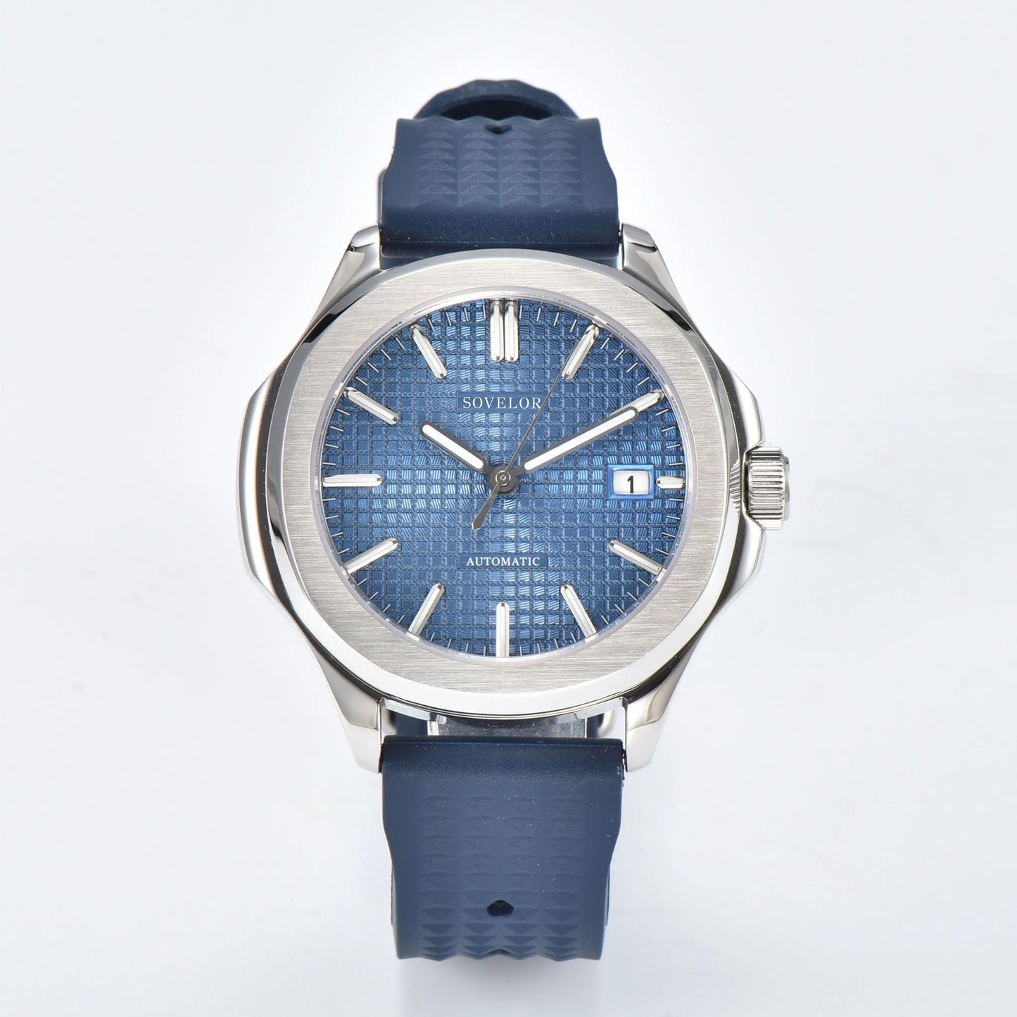 Custom Aquanaut style Seiko mod watch, blue grid dial with blue rubber strap, NH35 automatic movement