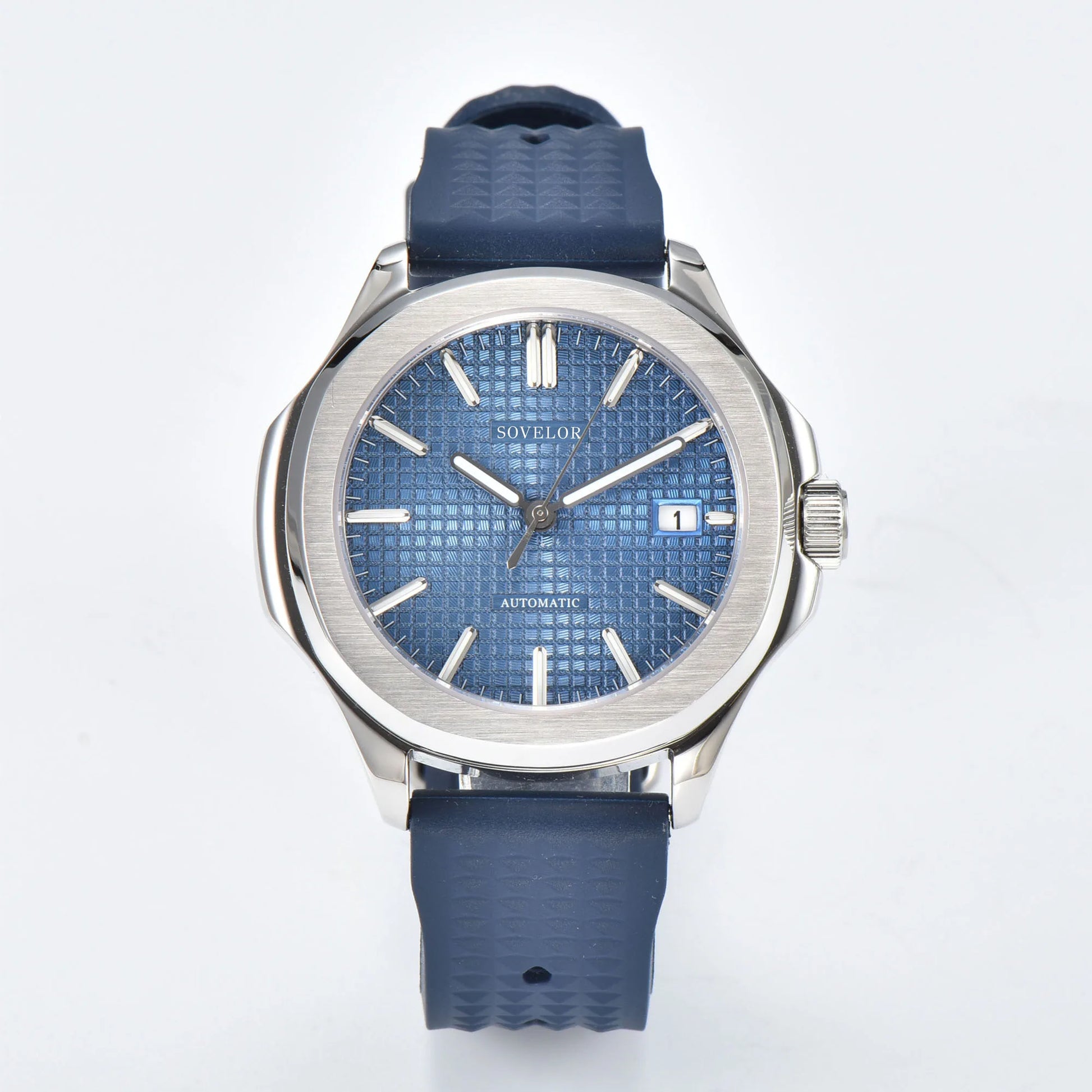 Custom Aquanaut style Seiko mod watch, blue grid dial with blue rubber strap, NH35 automatic movement