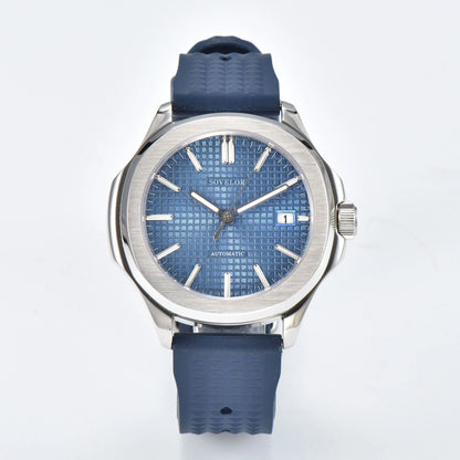 Custom Aquanaut style Seiko mod watch, blue grid dial with blue rubber strap, NH35 automatic movement