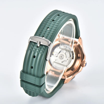 Transparent case back and pin buckle of rose gold Aquanaut style Seiko mod watch with green rubber strap