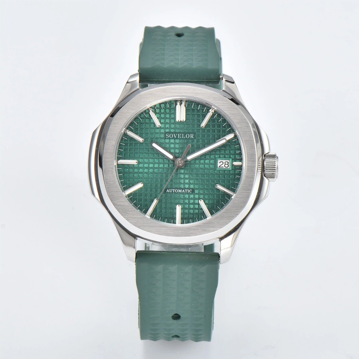 Custom Aquanaut style Seiko mod watch, green grid dial with green rubber strap, NH35 automatic movement