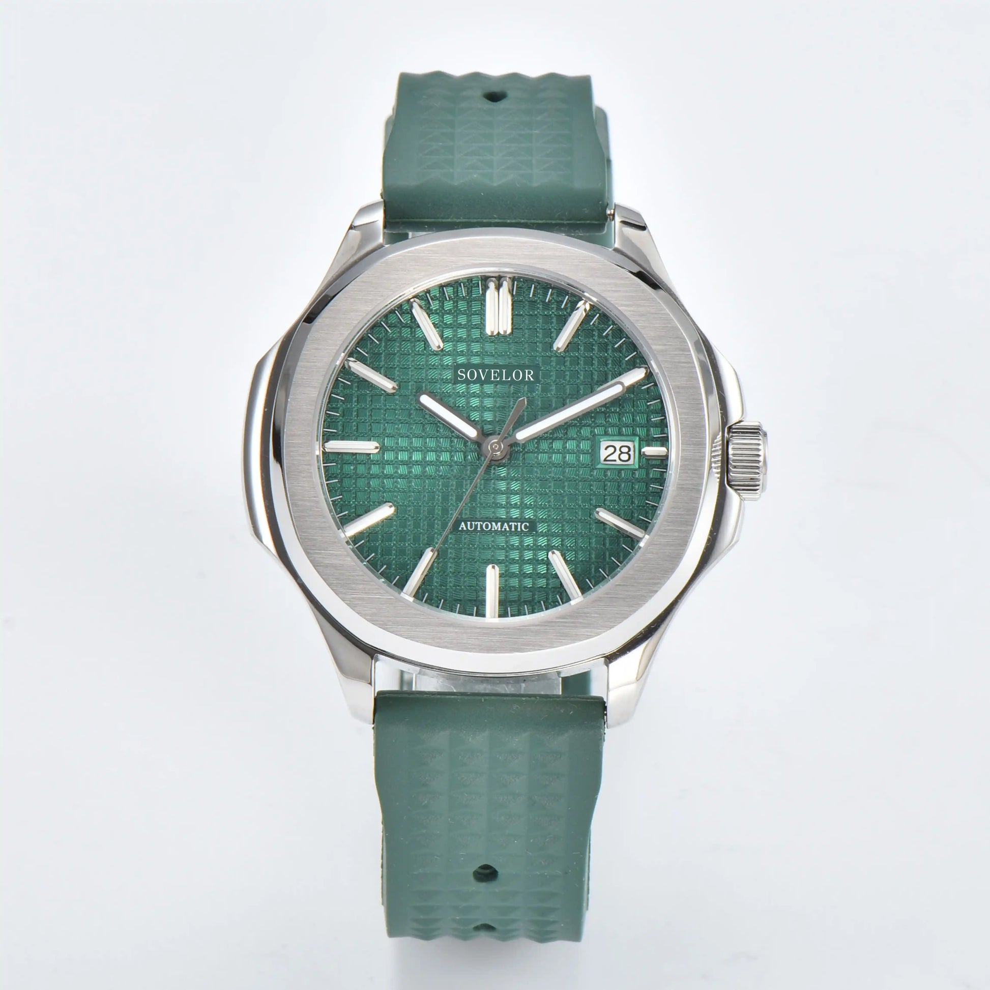 Custom Aquanaut style Seiko mod watch, green grid dial with green rubber strap, NH35 automatic movement