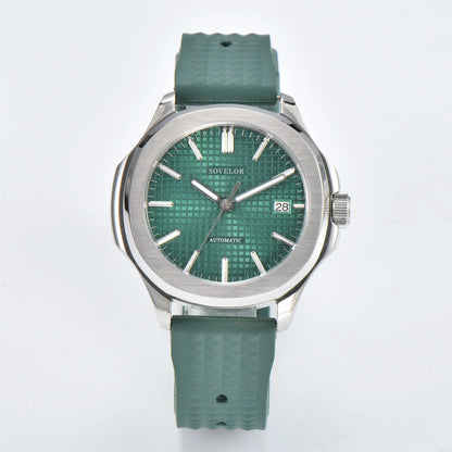 Custom Aquanaut style Seiko mod watch, green grid dial with green rubber strap, NH35 automatic movement
