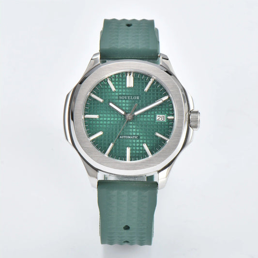 Custom Aquanaut style Seiko mod watch, green grid dial with green rubber strap, NH35 automatic movement