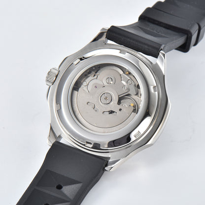 Clear case back showing Seiko NH35 automatic movement in silver Aquanaut style Seiko mod watch