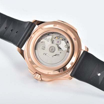 Clear case back showing Seiko NH35 automatic movement in rose gold black Aquanaut style Seiko mod watch