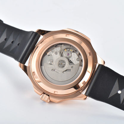 Clear case back showing Seiko NH35 automatic movement in rose gold Aquanaut style Seiko mod watch
