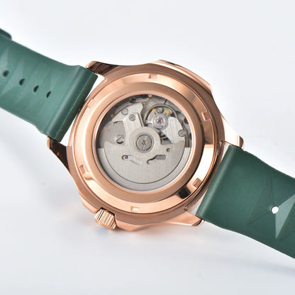 Clear case back showing Seiko NH35 automatic movement in rose gold green Aquanaut style Seiko mod watch