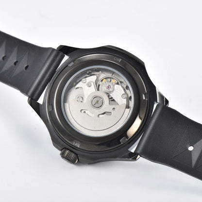 Clear case back showing Seiko NH35 automatic movement in full-black Aquanaut style Seiko mod watch