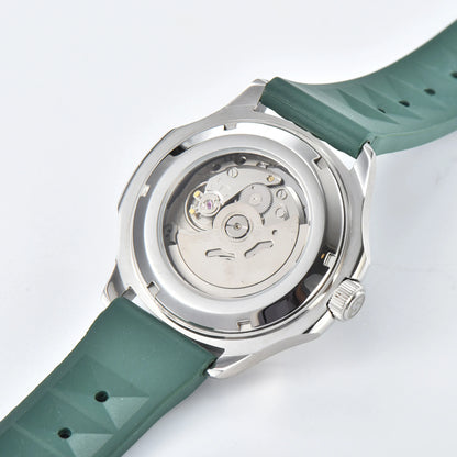 Clear case back showing Seiko NH35 automatic movement in silver green Aquanaut style Seiko mod watch