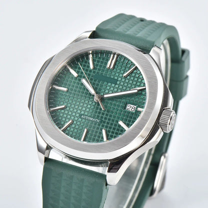 Side view of silver green Aquanaut style Seiko mod watch, polished stainless steel case and crown detail