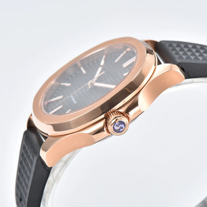 Side view of rose gold black Aquanaut style Seiko mod watch, polished stainless steel case and crown detail