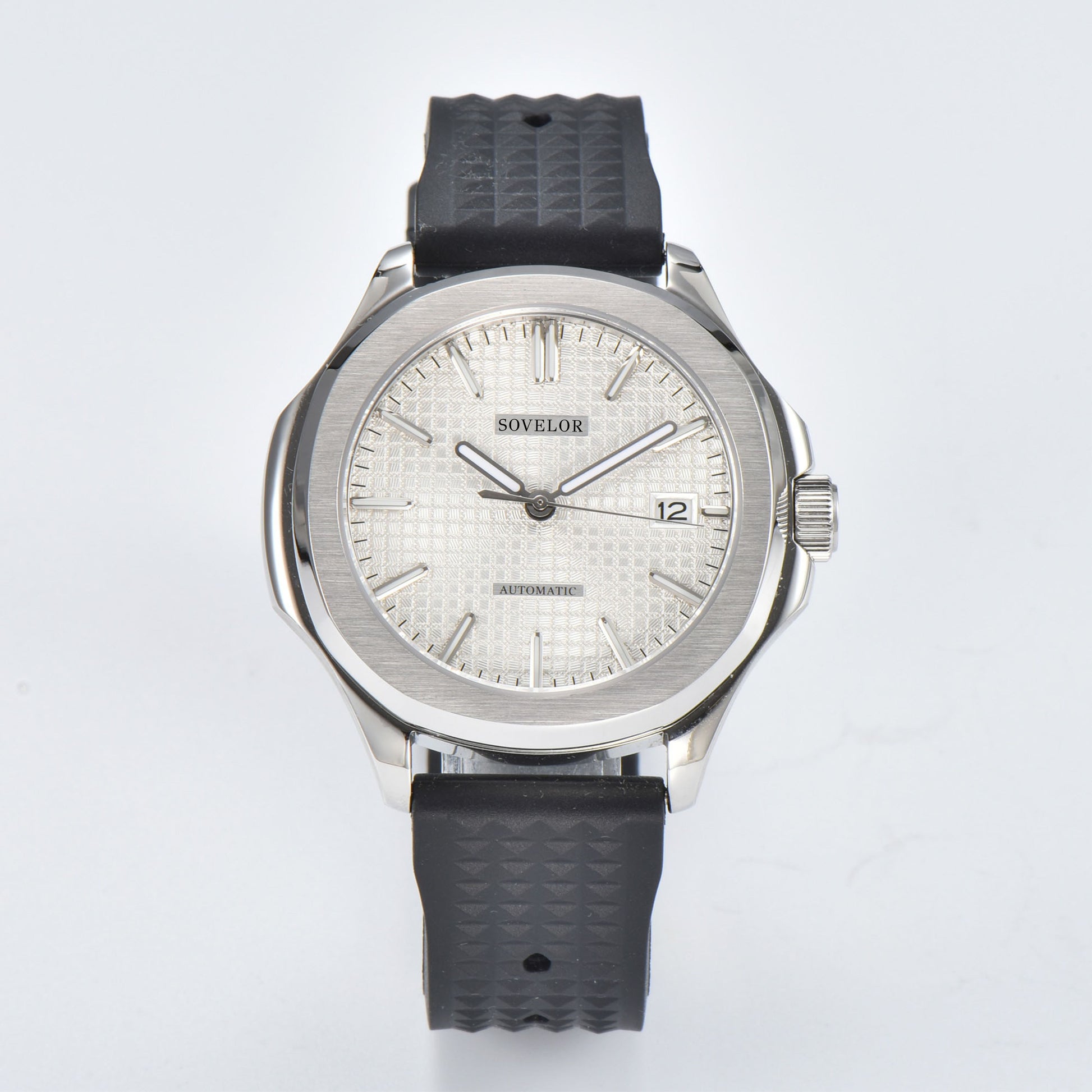 Custom Aquanaut style Seiko mod watch, white grid dial with black rubber strap, NH35 automatic movement
