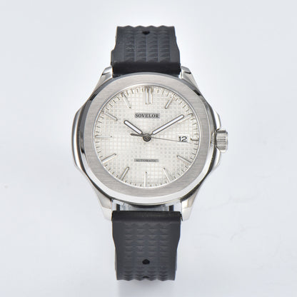 Custom Aquanaut style Seiko mod watch, white grid dial with black rubber strap, NH35 automatic movement