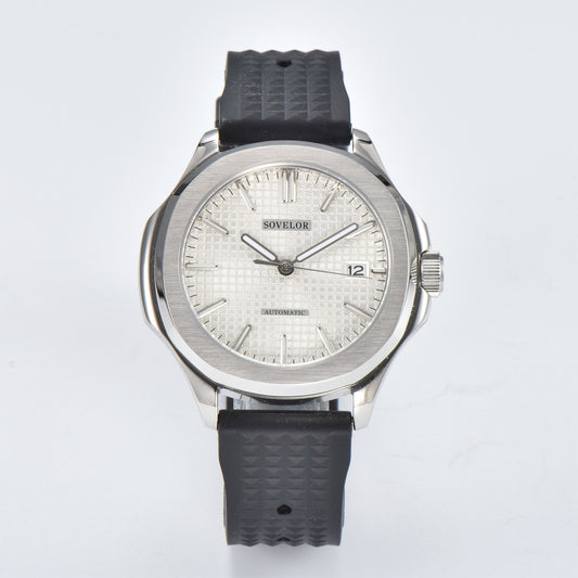 Custom Aquanaut style Seiko mod watch, white grid dial with black rubber strap, NH35 automatic movement