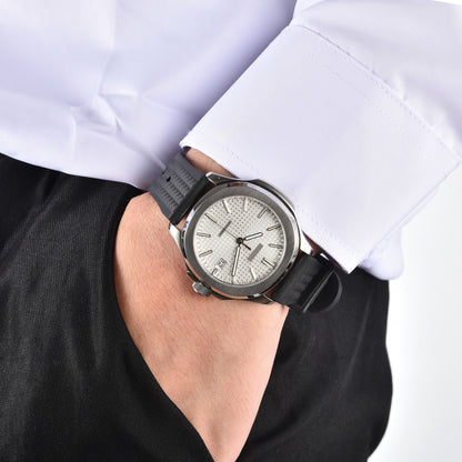Men's silver white Aquanaut style Seiko mod watch on wrist, casual daily wear lifestyle shot